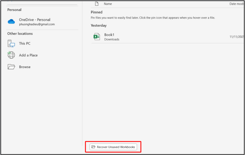 Chọn Recover Unsaved Workbooks