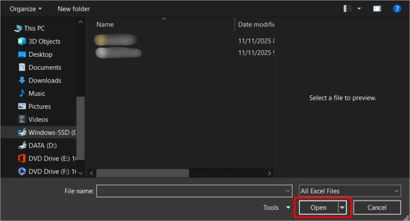 Mở file Excel chưa lưu trong thư mục