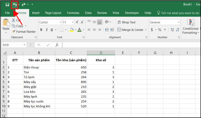 Nút Undo để khôi phục dữ liệu Excel