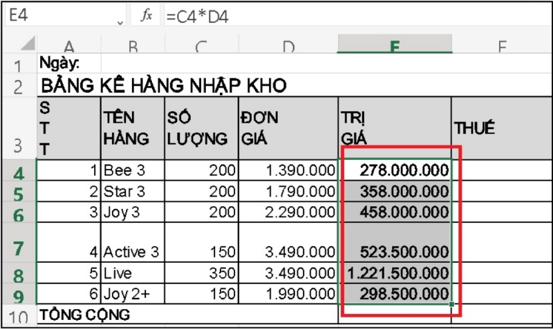Các ô trị giá được điền tự động sau khi kéo công thức xuống