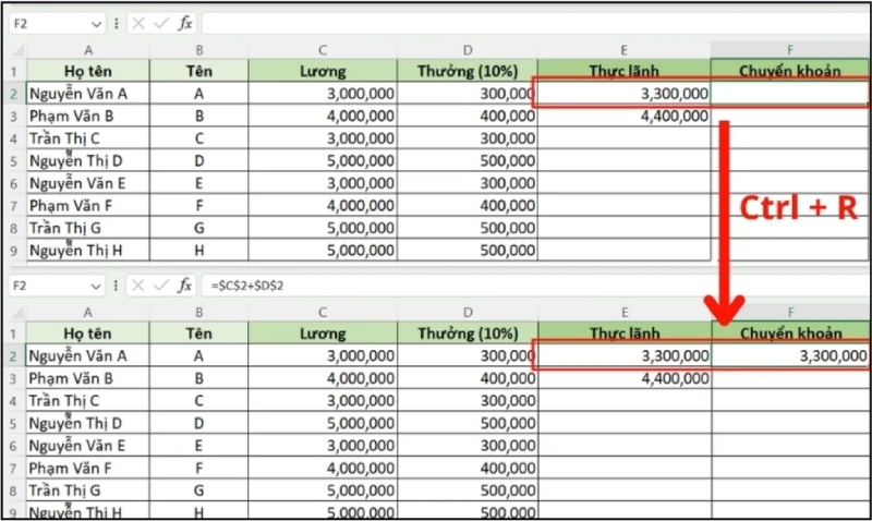 Dùng phím tắt Ctrl+R để sao chép công thức sang cột bên phải