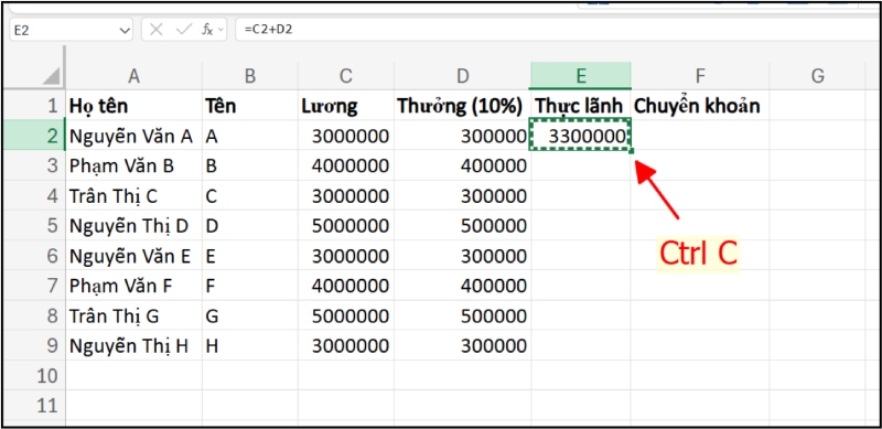 Sao chép công thức trong ô tính toán bằng Ctrl+C