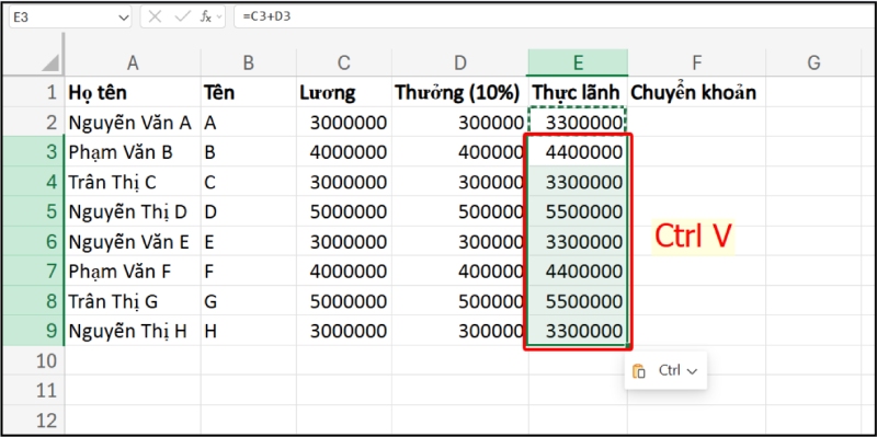 Dán công thức hàng loạt vào cột thực lãnh bằng Ctrl+V