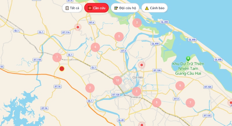 Giao diện bản đồ hiển thị các điểm cần cứu trợ tại khu vực miền Trung