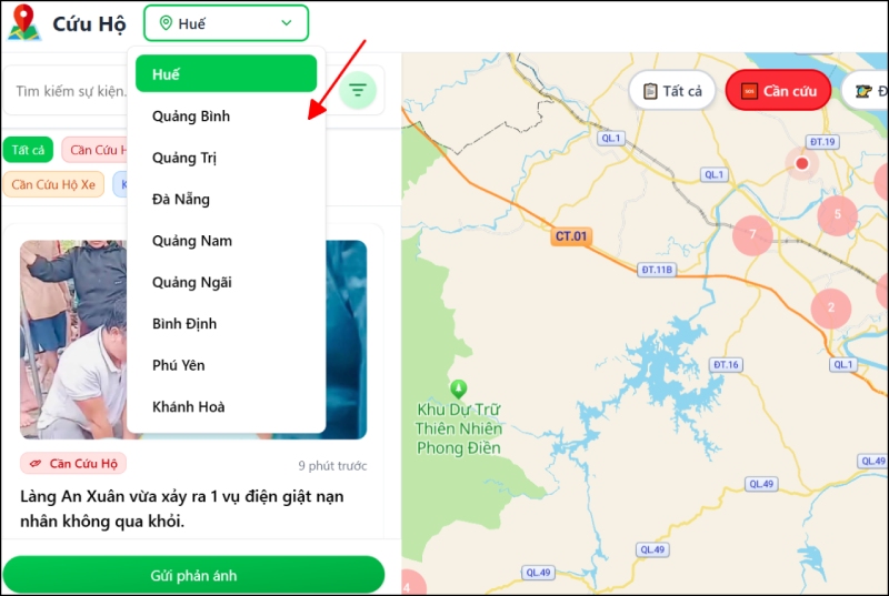 Bản đồ cứu hộ hiển thị menu chọn khu vực tỉnh thành cần xem