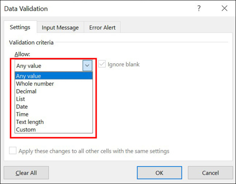 Hộp thoại Data Validation hiển thị danh sách tùy chọn kiểu dữ liệu