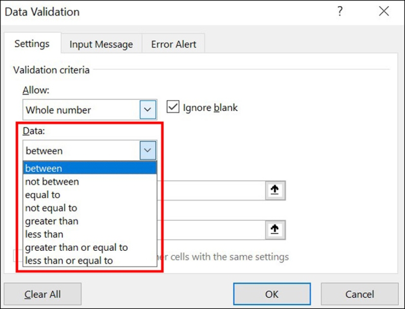 Thiết lập điều kiện giá trị hợp lệ bằng phần Data trong Data Validation