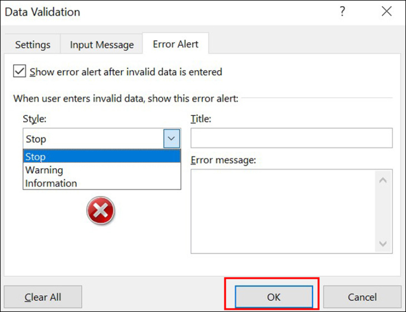 Xác nhận thiết lập kiểm tra dữ liệu bằng cách nhấn OK