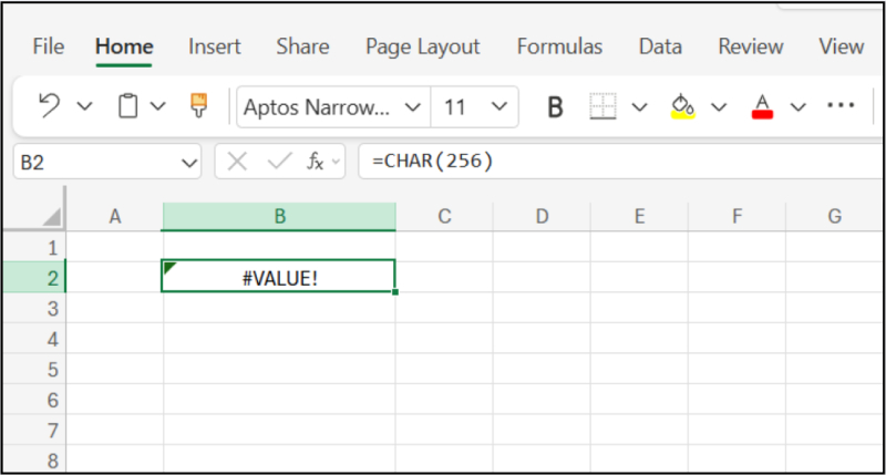 lỗi #VALUE! khi nhập =CHAR(265)