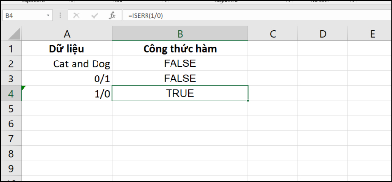 Kết quả hàm ISERR kiểm tra lỗi trong Excel