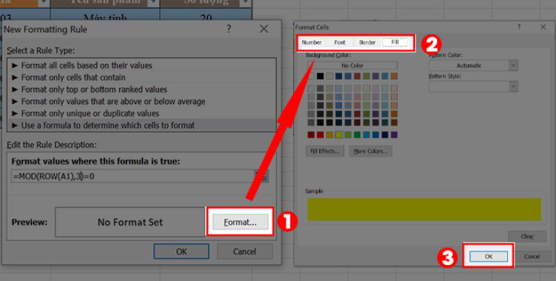 Thiết lập định dạng màu cho quy tắc MOD