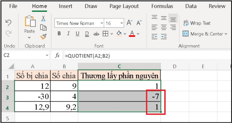 Kết quả hàm QUOTIENT trong bảng dữ liệu Excel
