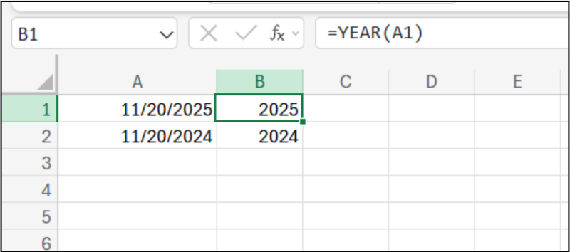 Hàm YEAR trả về năm tương ứng cho danh sách ngày trong hai ô liên tiếp