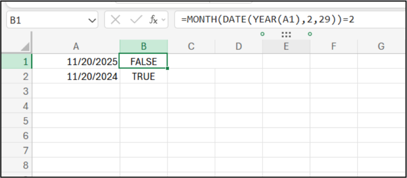 Công thức kiểm tra năm nhuận bằng DATE và MONTH trong Excel