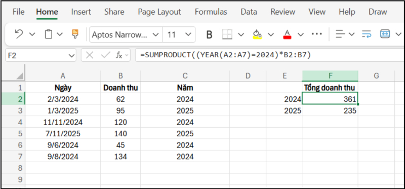 Tính tổng doanh thu theo năm bằng hàm SUMPRODUCT kết hợp YEAR