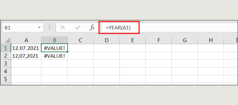 Lỗi VALUE xảy ra khi hàm YEAR nhận dữ liệu ngày sai định dạng