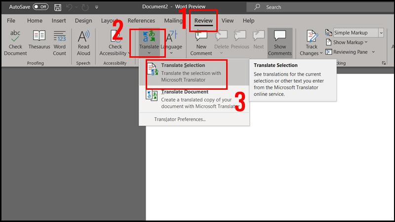 Chọn Translate Selection trong Review