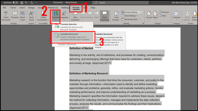 Dùng Translate Document để dịch toàn bộ văn bản