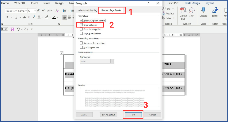 Giao diện bảng chọn Line and Page Breaks