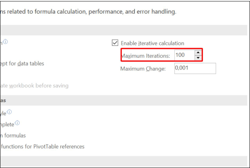 Tùy chỉnh Maximum Iterations trong phần Enable iterative calculation của Excel
