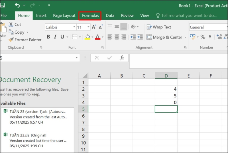 Mở thẻ Formulas trong Excel