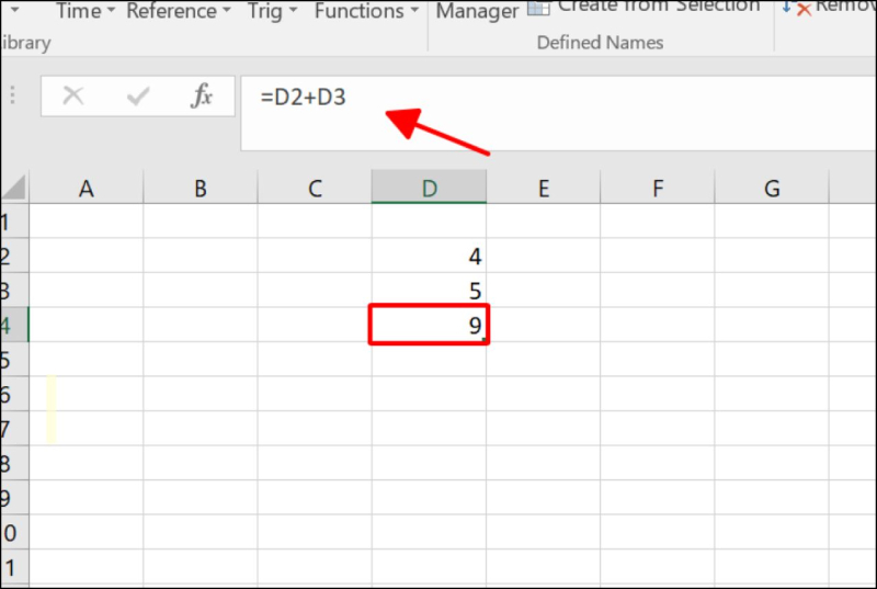 Ô D4 chứa công thức =D2+D3 trong Excel
