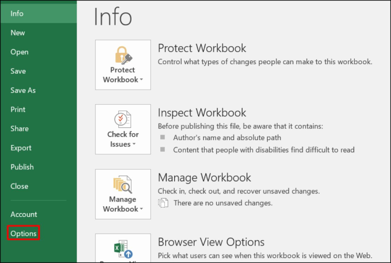 Mục Options trong menu File của Excel