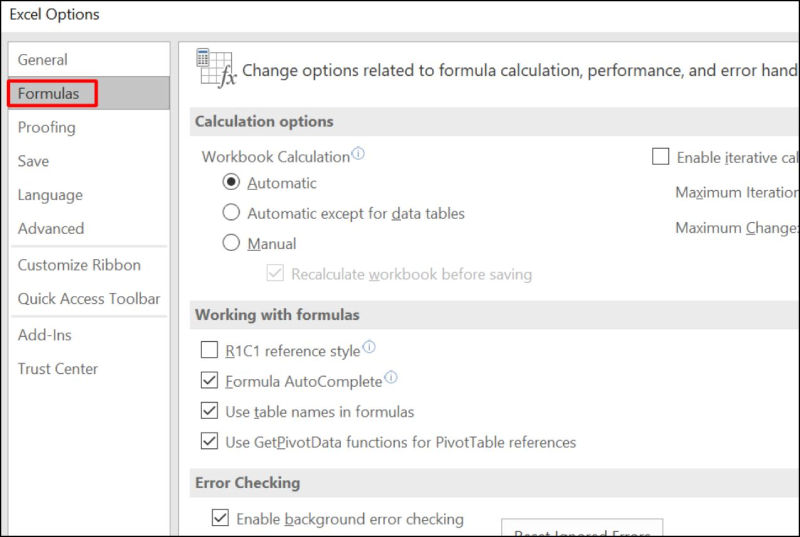 Cài đặt Formulas trong Excel Options