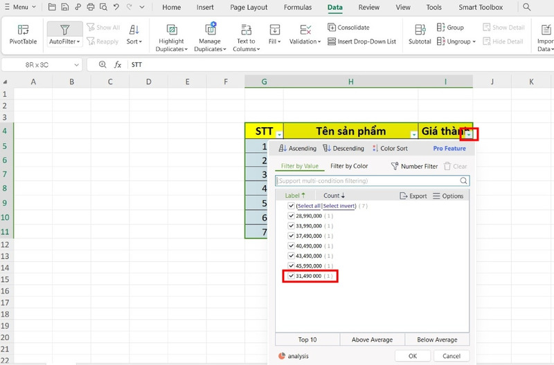 Sử dụng công cụ AutoFilter để định dạng