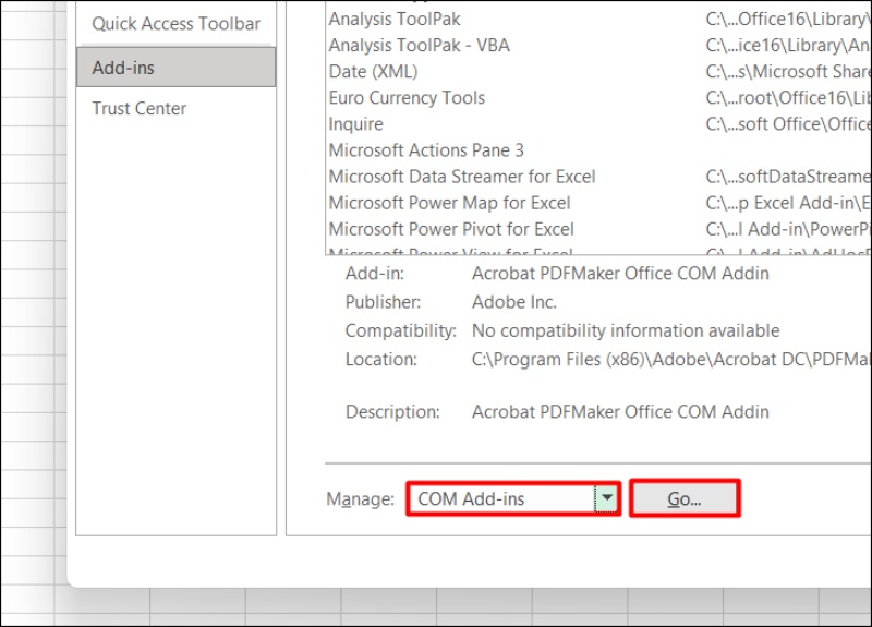 Tùy chọn COM Add-ins trong Excel