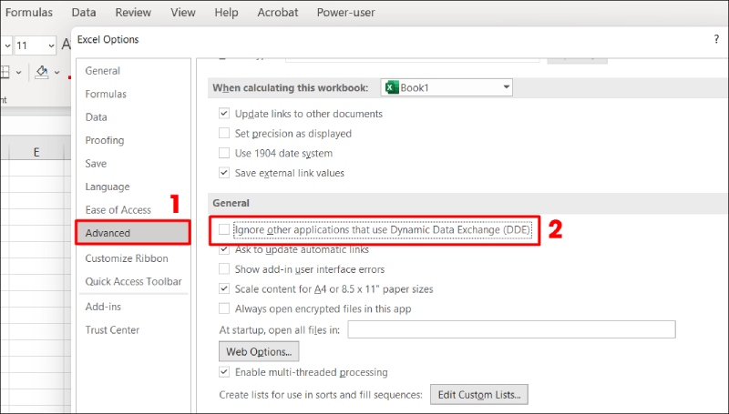 Bỏ chọn Dynamic Data Exchange