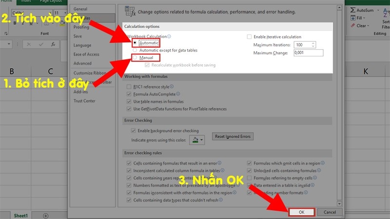 Bật tùy chọn Automatic để khắc phục lỗi công thức