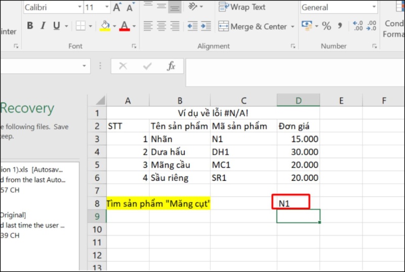 Sửa lỗi #N/A bằng cách nhập đúng tên sản phẩm cho công thức