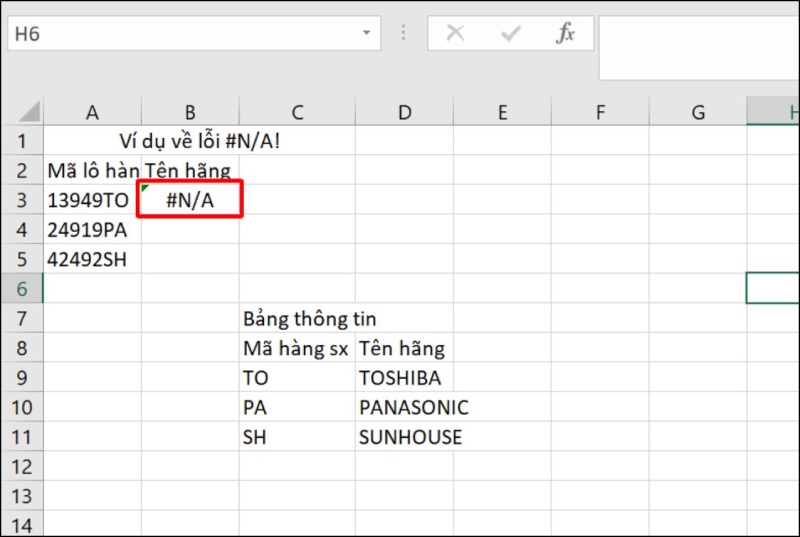 Thông báo lỗi từ Excel