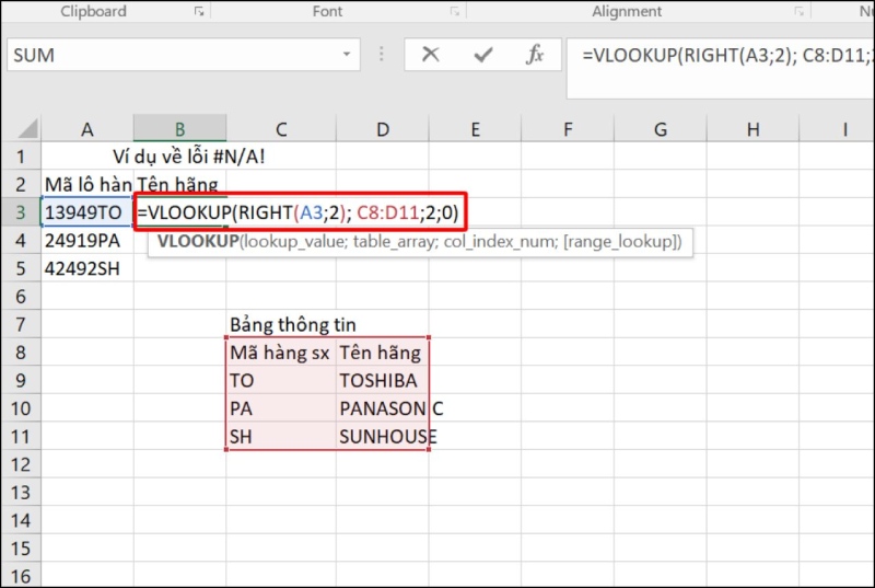 Lỗi công thức kết hợp hàm VLOOKUP và hàm RIGHT
