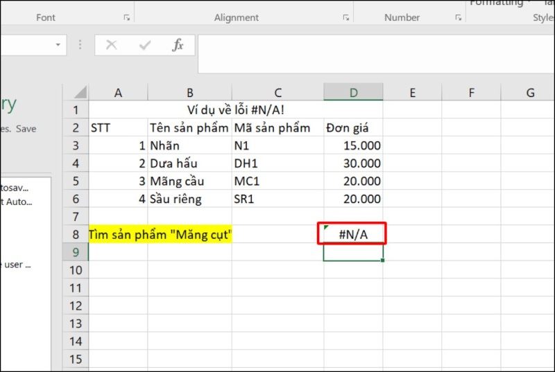 Thông báo lỗi #N/A do áp dụng sai công thức