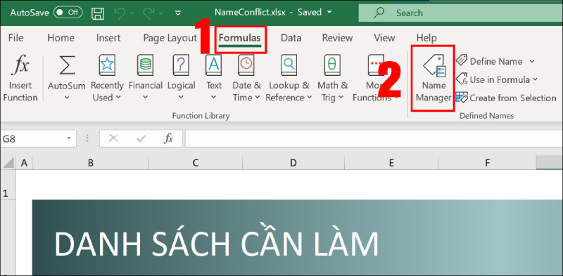 Mở Name Manager trong thẻ Formulas của Excel