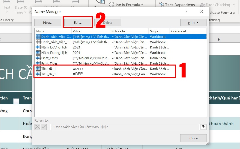 Chỉnh sửa tên phạm vi trùng trong cửa sổ Name Manager