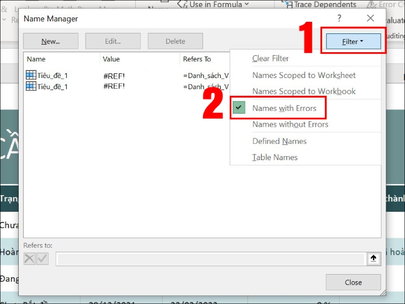 Lọc các tên phạm vi lỗi trong Name Manager bằng Names with Errors
