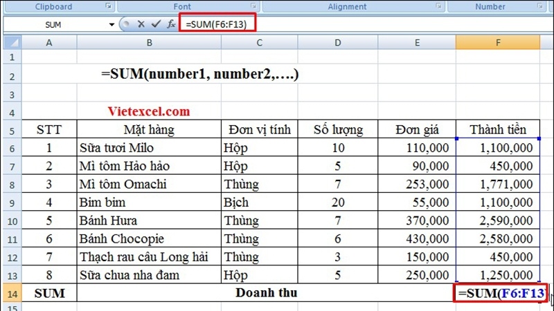 sử dụng hàm SUM trong tính toán