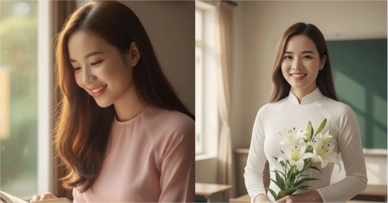 Cô giáo Việt Nam mặc áo dài, cười tươi trong lớp học, ảnh được tạo bằng AI