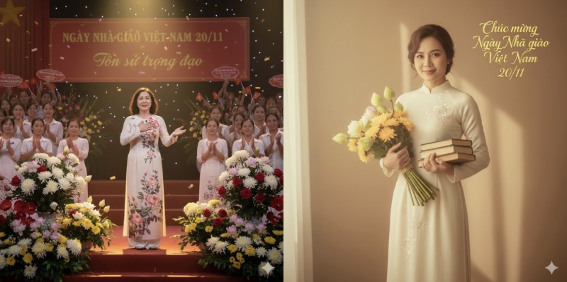 Cô giáo mặc áo dài cầm hoa mừng Ngày Nhà giáo Việt Nam