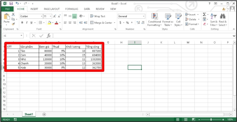 Bảng dữ liệu Excel sau khi thêm đường viền đầy đủ