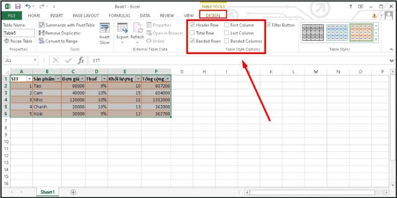Tùy chọn Table Tools trong thẻ Design hiển thị các thiết lập