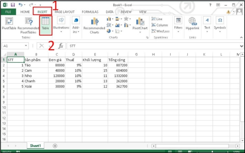 Chọn Insert Table để tạo bảng từ vùng dữ liệu trong Excel