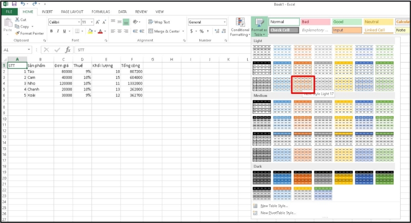Chọn mẫu bảng trong Format as Table