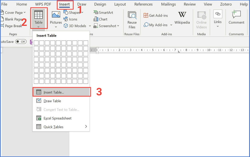 Mở hộp thoại tạo bảng trong mục Table