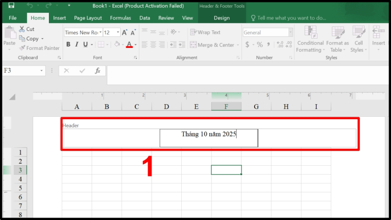 Ô nhập Header hiển thị nội dung “Tháng 10 năm 2025” trong Excel