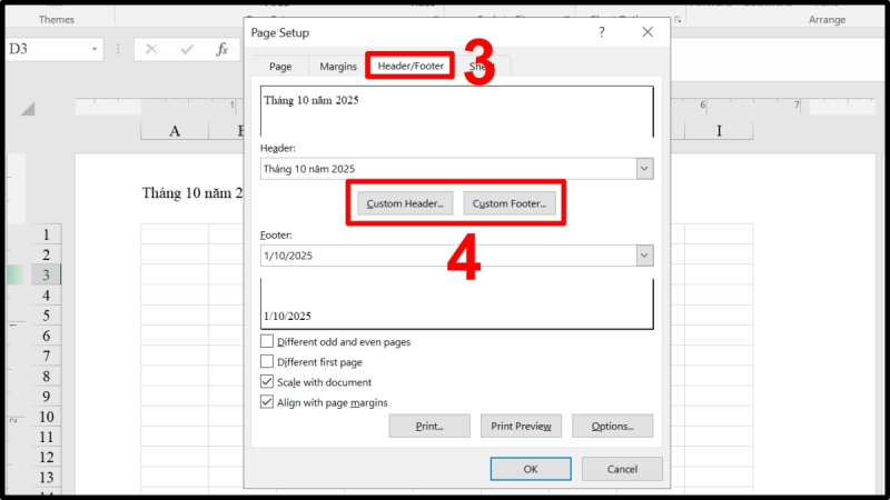 Mở tab Header/Footer và chọn Custom Header hoặc Custom Footer