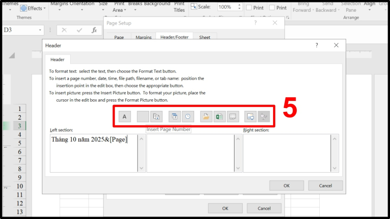 Chèn số trang, ngày giờ hoặc tên sheet vào phần Header trong Excel
